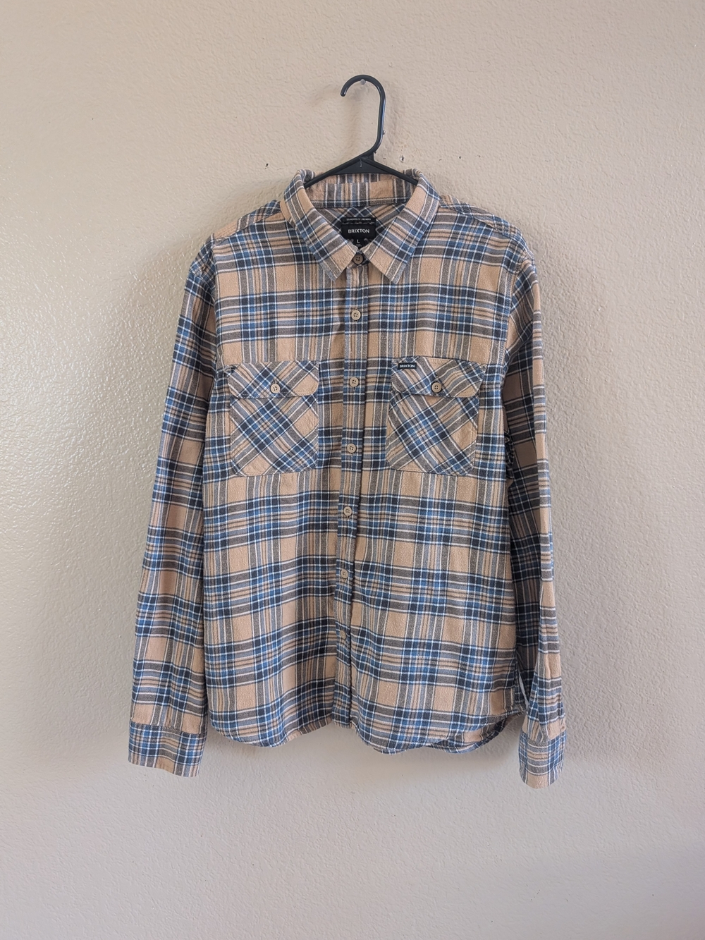 Brixton Bowery Flannel Shirt Mens L Standard Fit Plaid Button Front Beige Blue